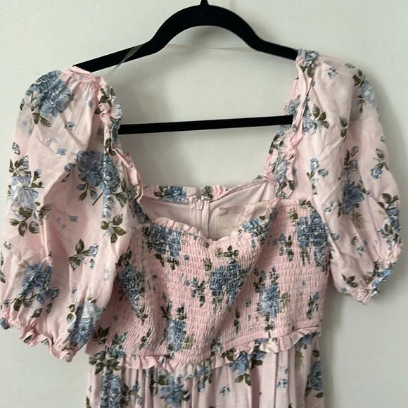 Gal Meets Glam Isabel Smocked Midi Dress Pink Blue Floral Print Size 0 - Picture 3 of 6